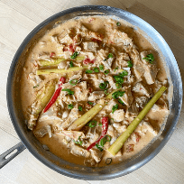 Vegan Filipino dish in a saucepan.